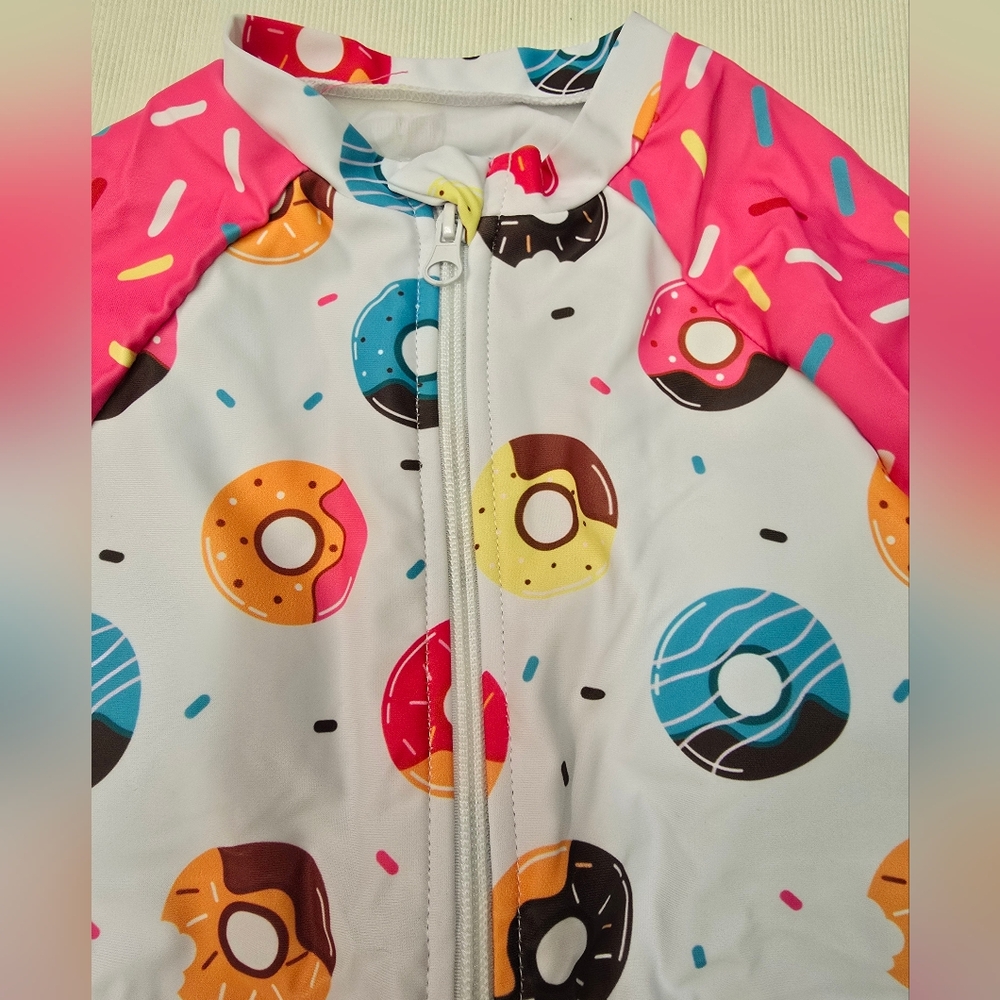 New! Girls Donut Print Long Sleeve Rashguard One-Piece Swimsuit, Pink/White - Picture 2 of 6